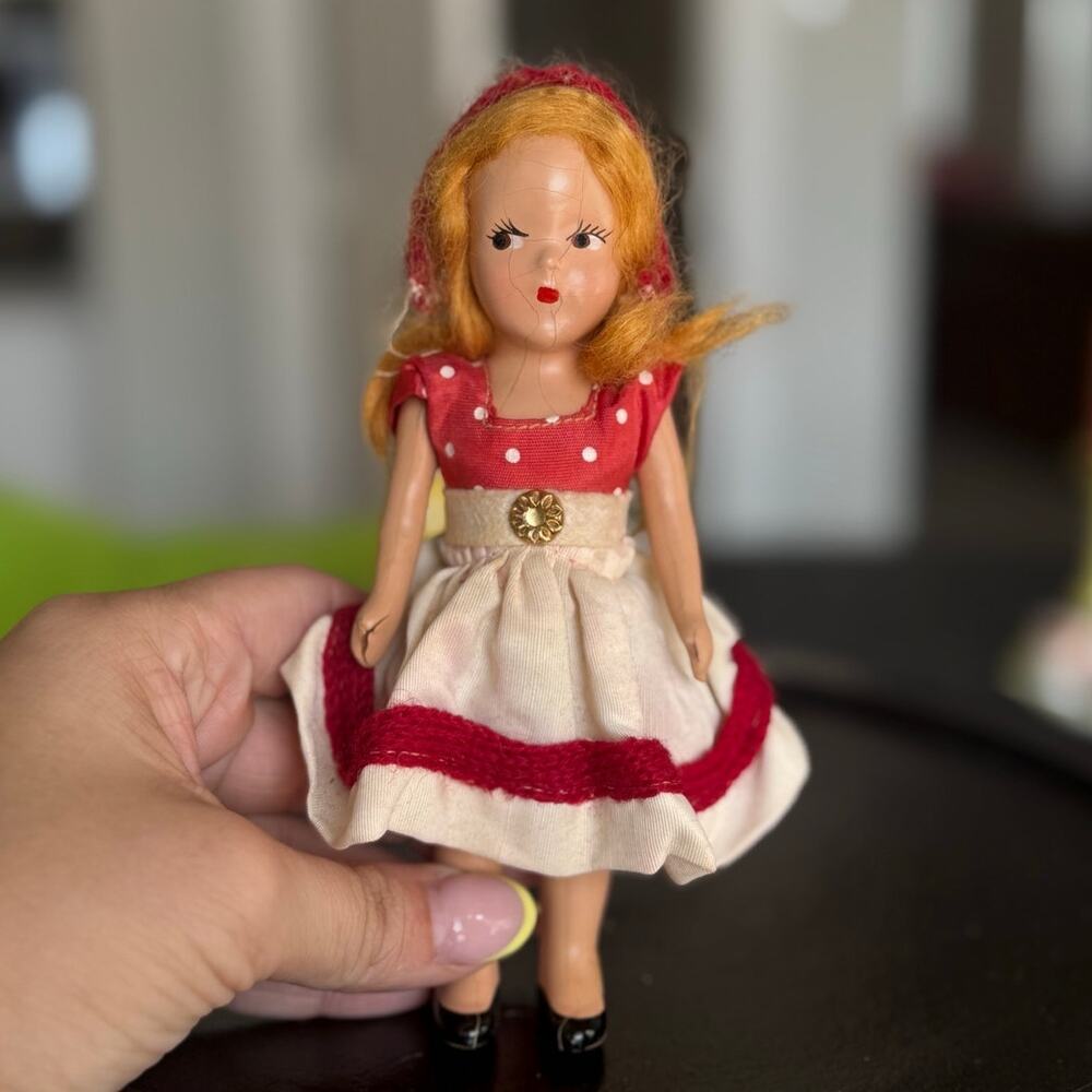 Vintage Composition Doll in Red and Cream Dress with Knit Bonnet
